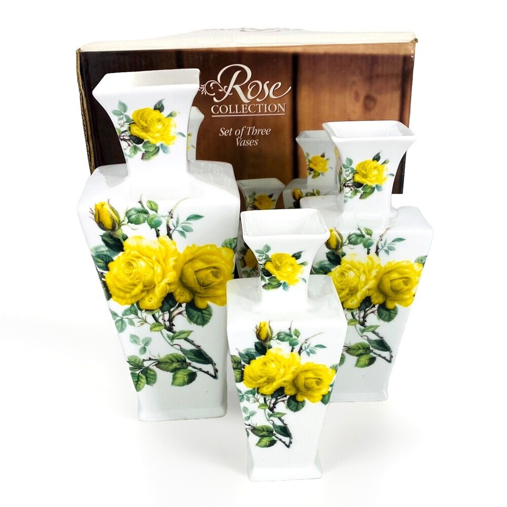 Vintage Godinger 3 Pc Vase Set Yellow Rose Cottage Core Practical Magic W/ Box